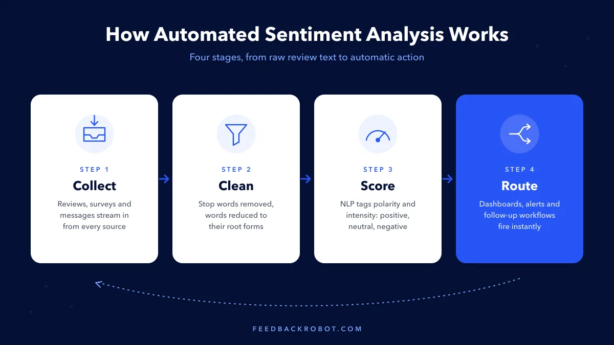 The four stages of an automated sentiment analysis pipeline: collect reviews, clean and normalize text, score polarity and intensity, route signals to dashboards and actions