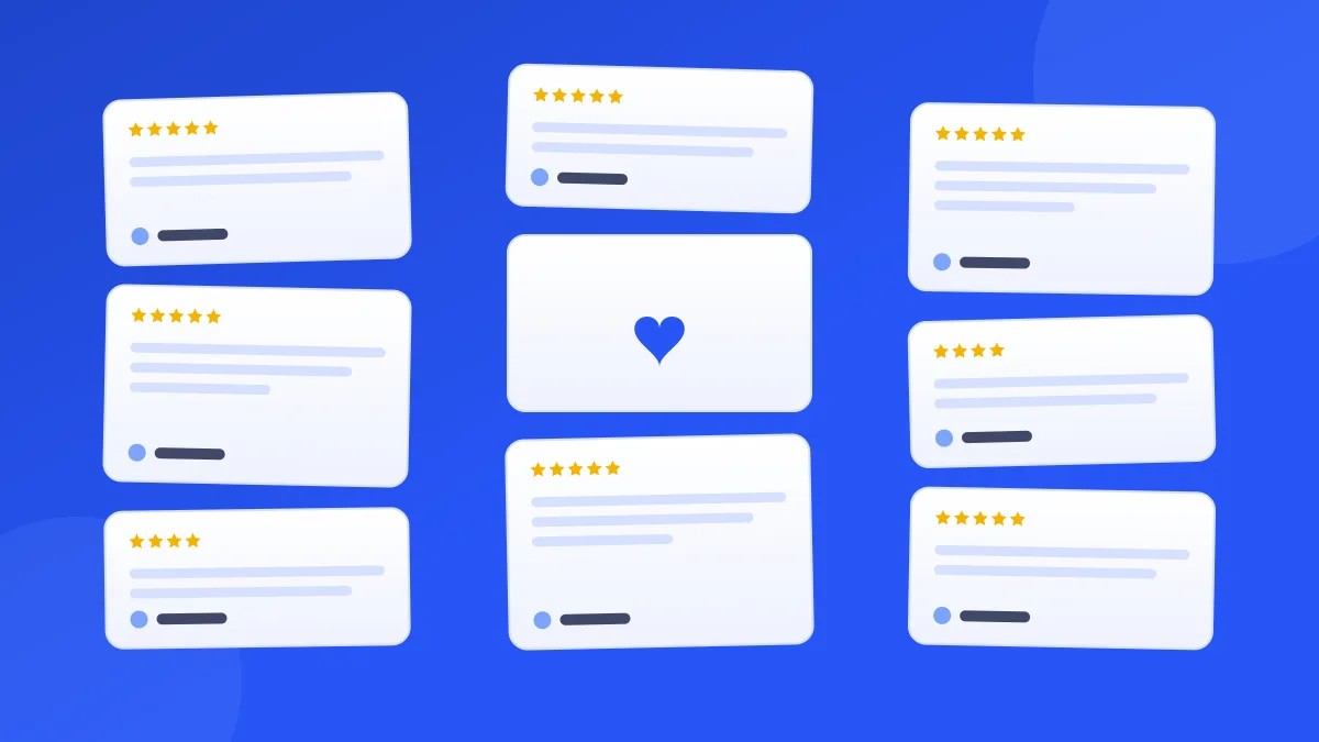 A wall of customer review cards with five-star ratings and a heart at the center