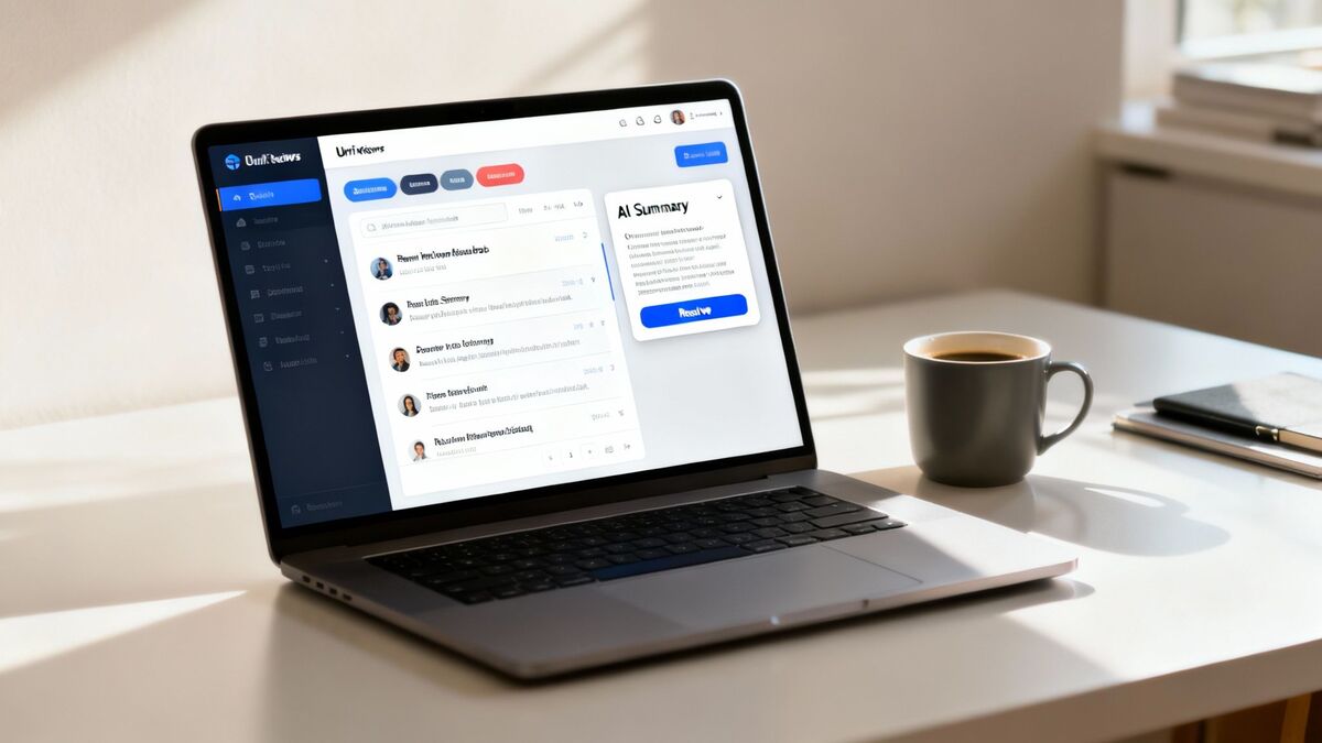 Laptop displaying digital customer experience management dashboard with AI summary feature and coffee cup
