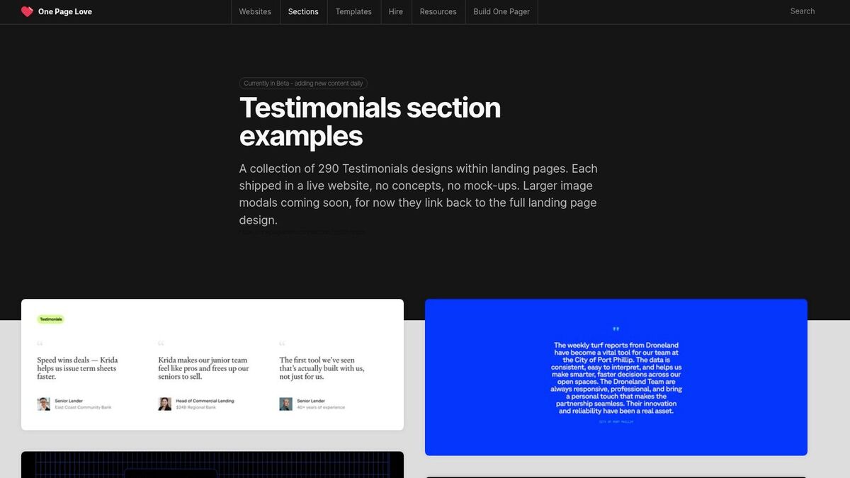 A screenshot of the One Page Love website showcasing a gallery of different testimonial section designs from various single-page websites.