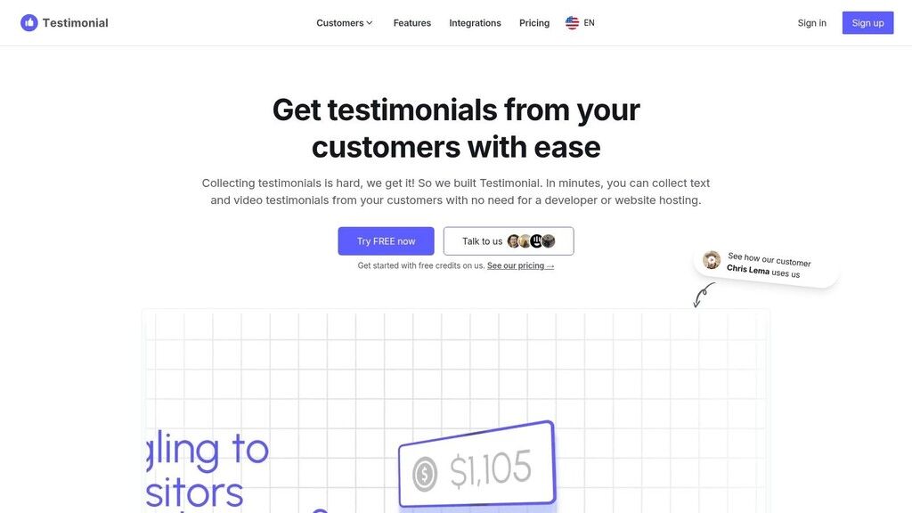 A screenshot of the Testimonial.to website showcasing a