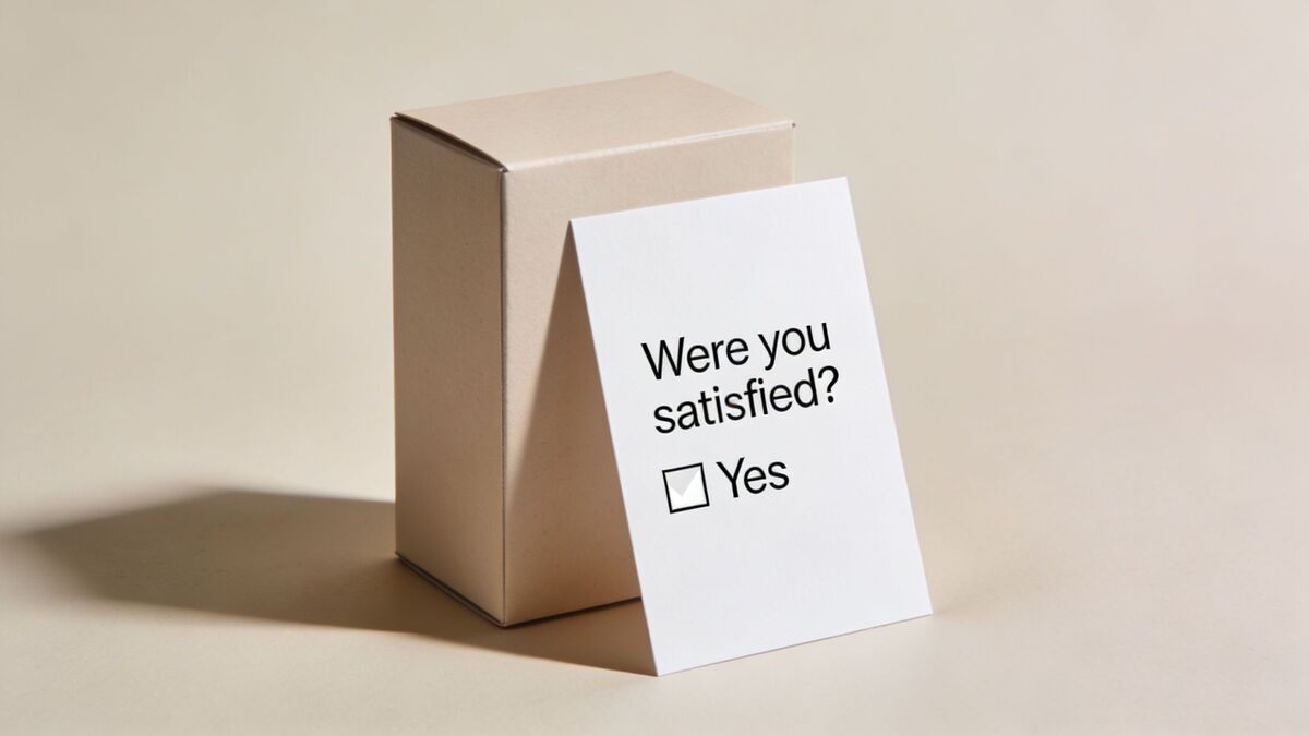 A cardboard box stands next to a white card displaying the question Were you satisfied with a checked yes box.