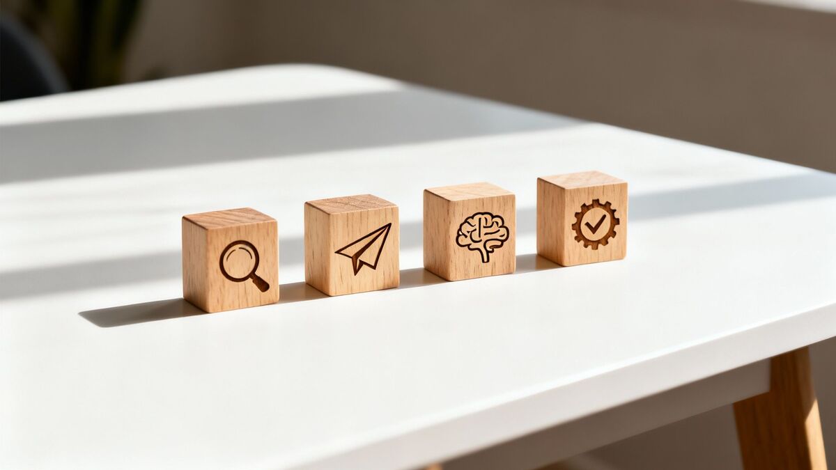 Four wooden blocks with icons representing search, idea, intelligence, and a successful process.
