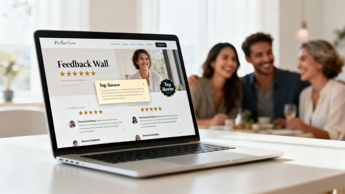 A laptop displaying a customer feedback wall website with a blurred background of friends smiling and dining.