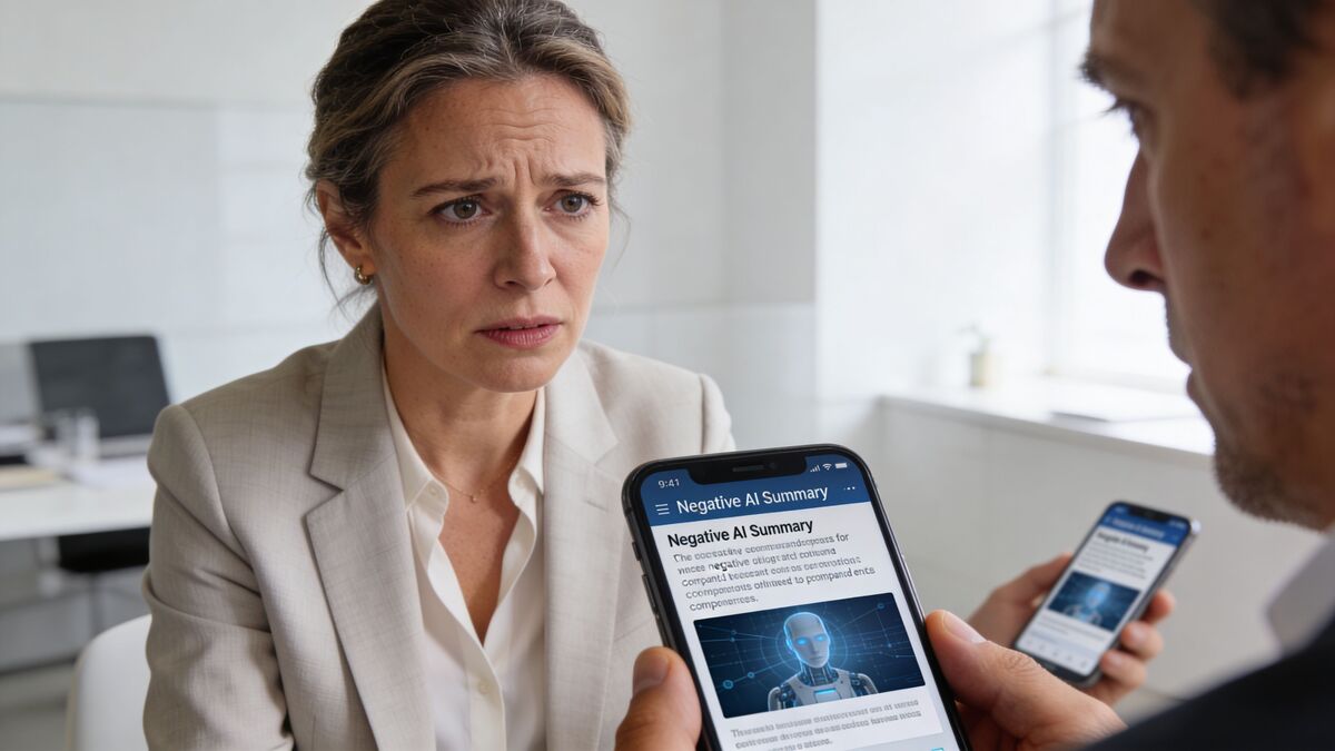 A concerned woman listening to a man showing her negative AI brand sentiment on a mobile phone.
