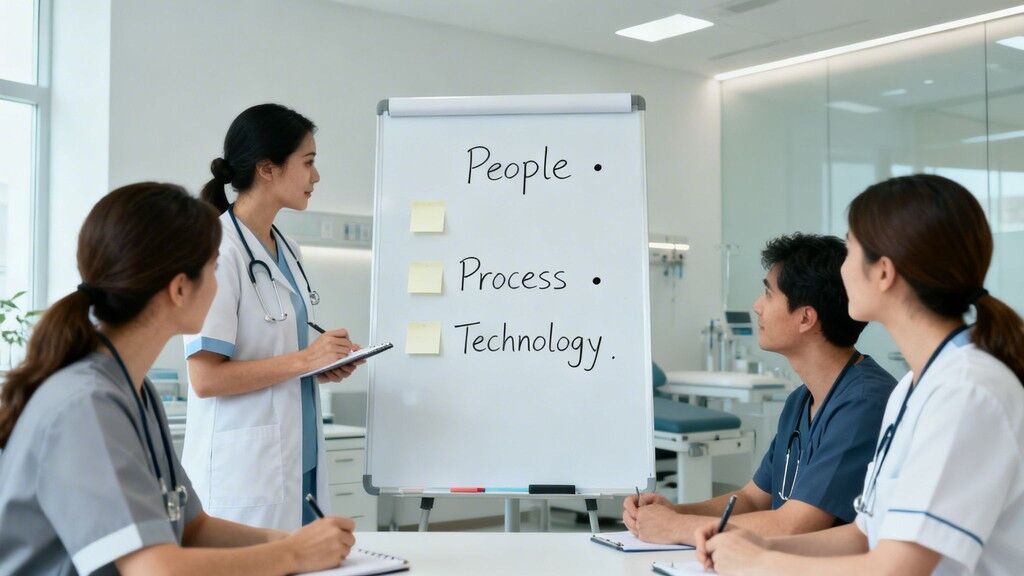 Healthcare professionals discuss strategy in a hospital meeting, focusing on 'People, Process, Technology' on a whiteboard.