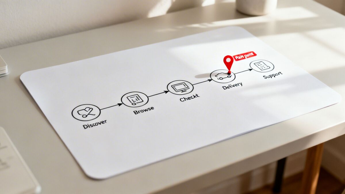 A customer journey map outlining steps from Discover to Support, highlighting a pain point at Delivery.