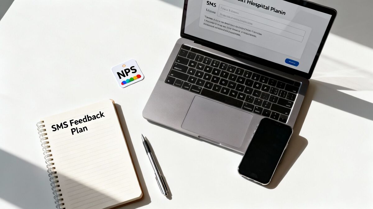 Laptop displaying SMS feedback survey for hospital planning with NPS card and planning notebook
