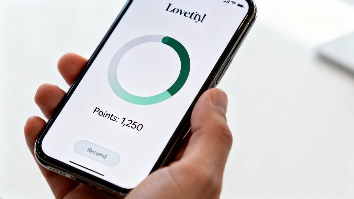 A hand holds a smartphone displaying a loyalty app with a progress circle and 1,250 points.