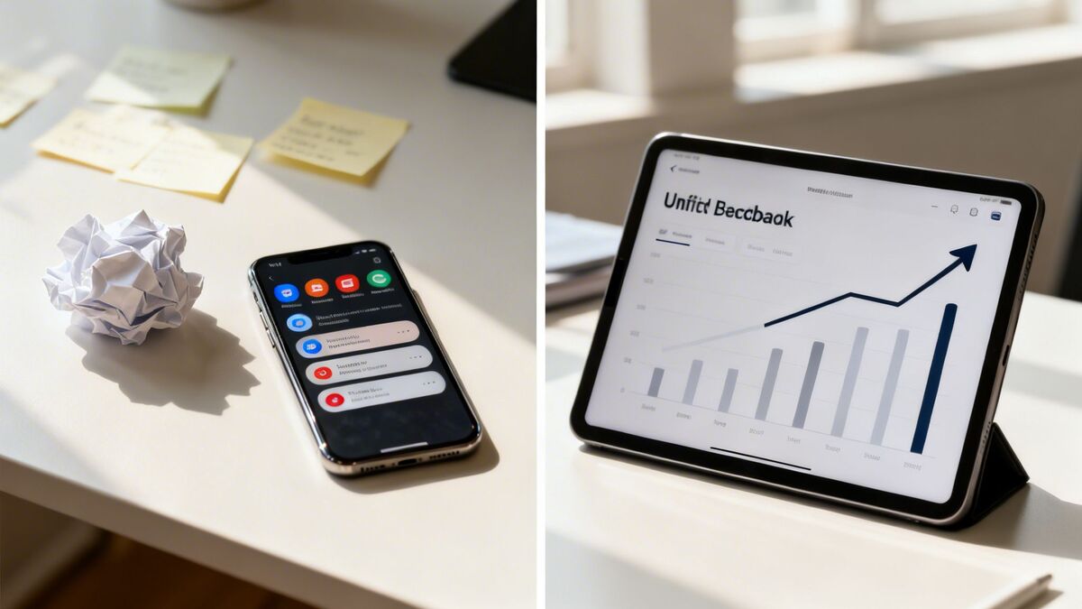 A work desk with a smartphone, crumpled paper, sticky notes, and a tablet showing a rising graph.