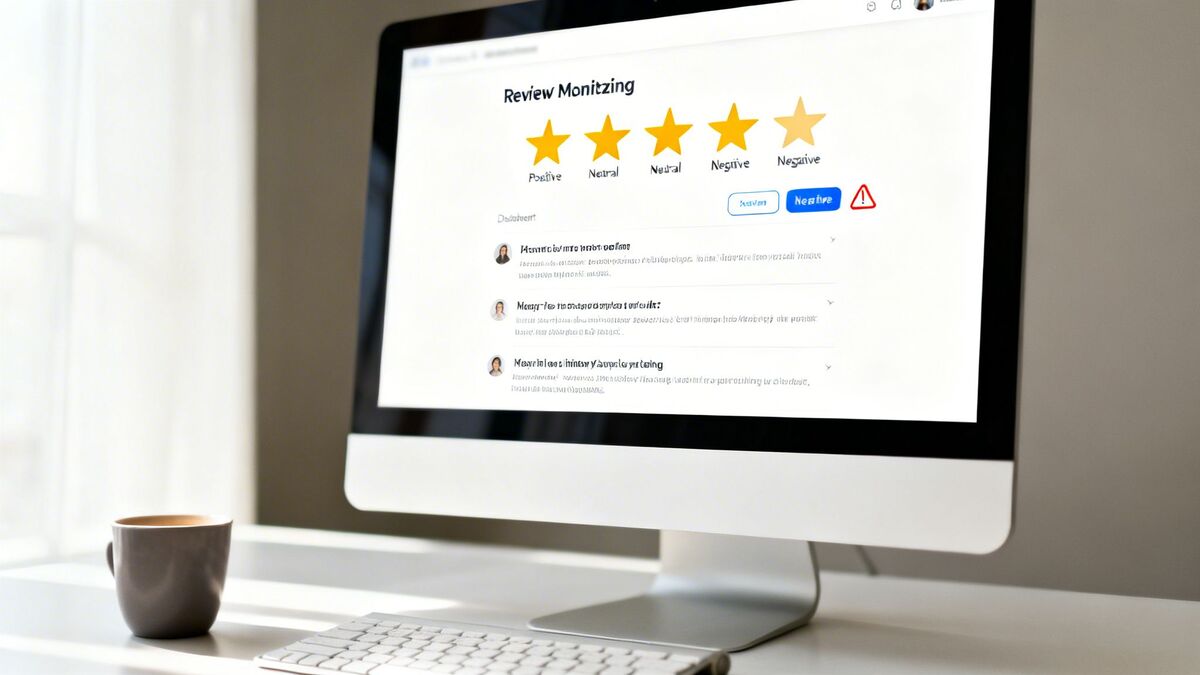 A desktop computer screen displays a 'Review Monitzing' interface with star ratings and customer reviews.