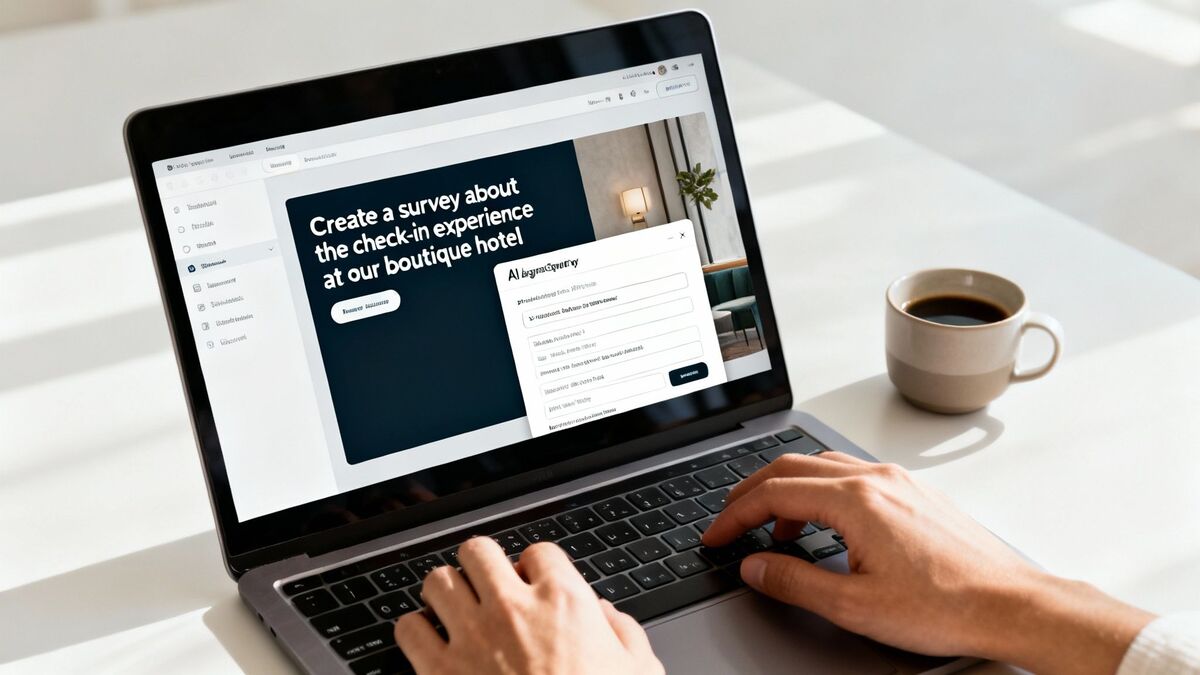 Person typing on a laptop, creating a survey about hotel check-in experience using an AI generator.