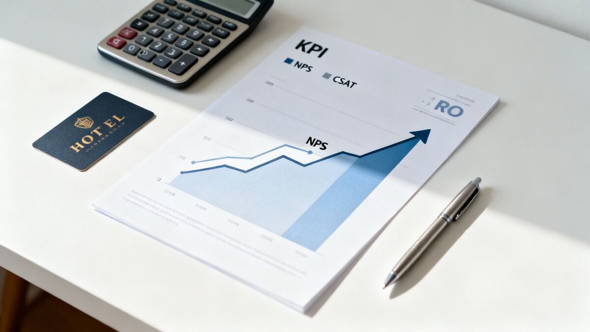 Desk with a calculator, hotel key card, pen, and a KPI feedback report showing NPS growth.