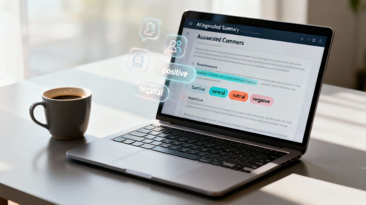 An AI dashboard interface showing sentiment analysis scores (positive, negative, neutral) derived from customer feedback text.