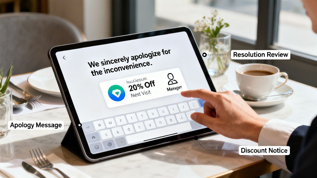 A person interacts with a tablet showing a digital apology and a 20% discount for customer service resolution.