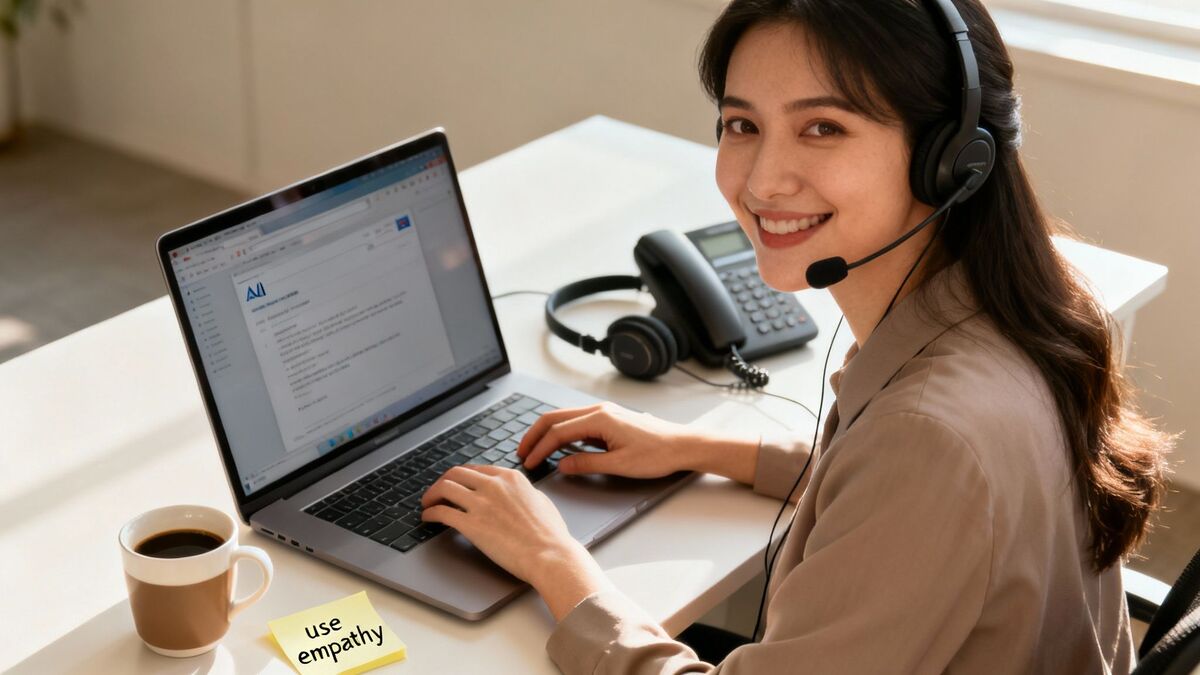 Smiling woman in a headset typing on a laptop at a desk with a 'use empathy' note.