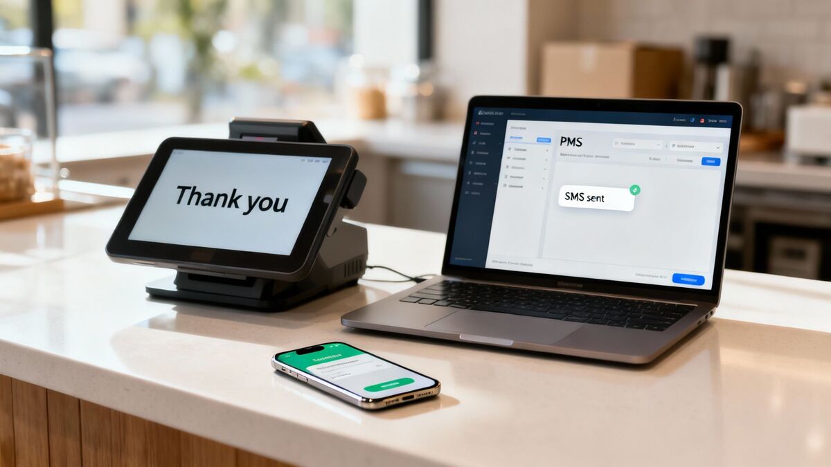 PMS software on laptop showing SMS sent confirmation with thank you message on customer-facing display