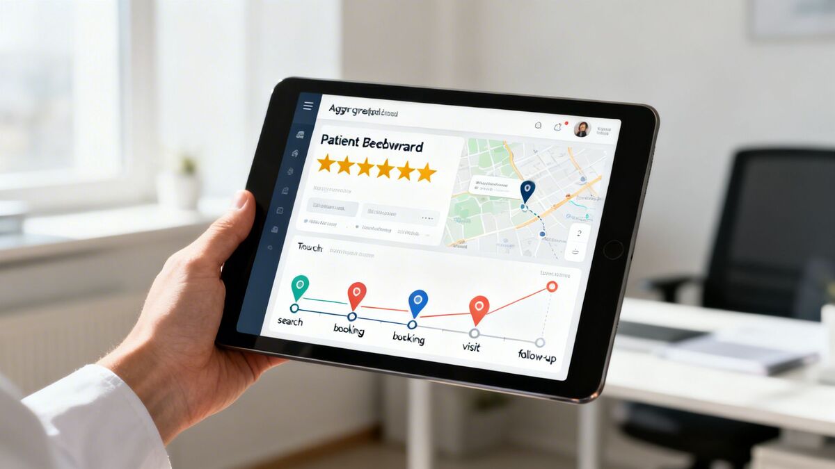 Person holding a tablet displaying a patient dashboard with a five-star rating, map, and patient journey.