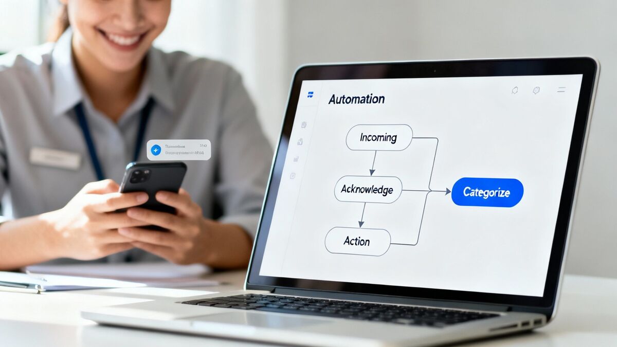 A smiling person uses a smartphone while a laptop displays an automation flowchart.