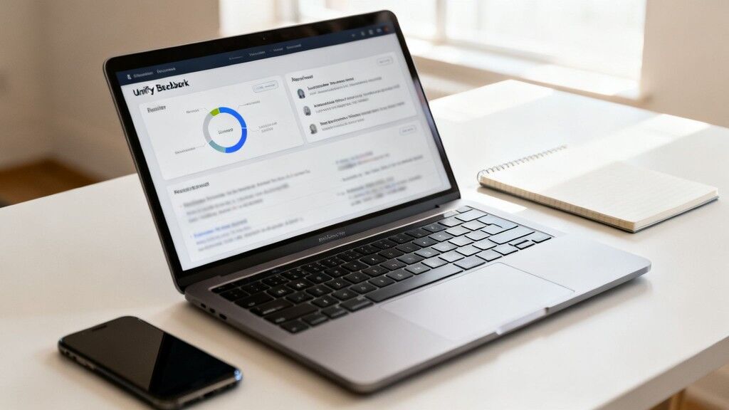 A laptop displaying a dashboard with a donut chart and reports, next to a smartphone and notebook on a white desk.