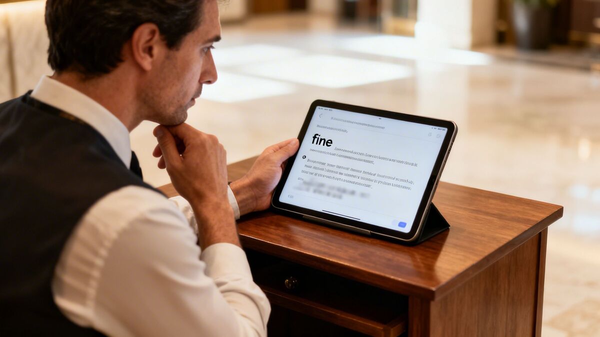 A man in a vest and white shirt studies a tablet displaying the word 'fine' on a wooden table.