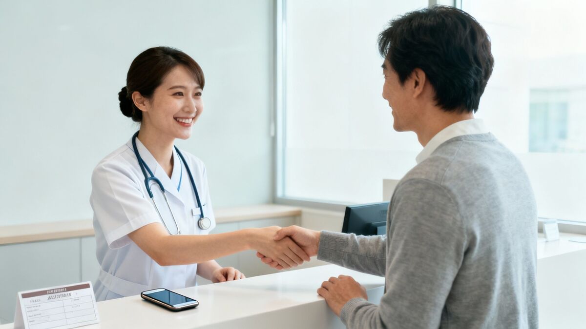 A healthcare professional smiling while interacting with a patient on a tablet.