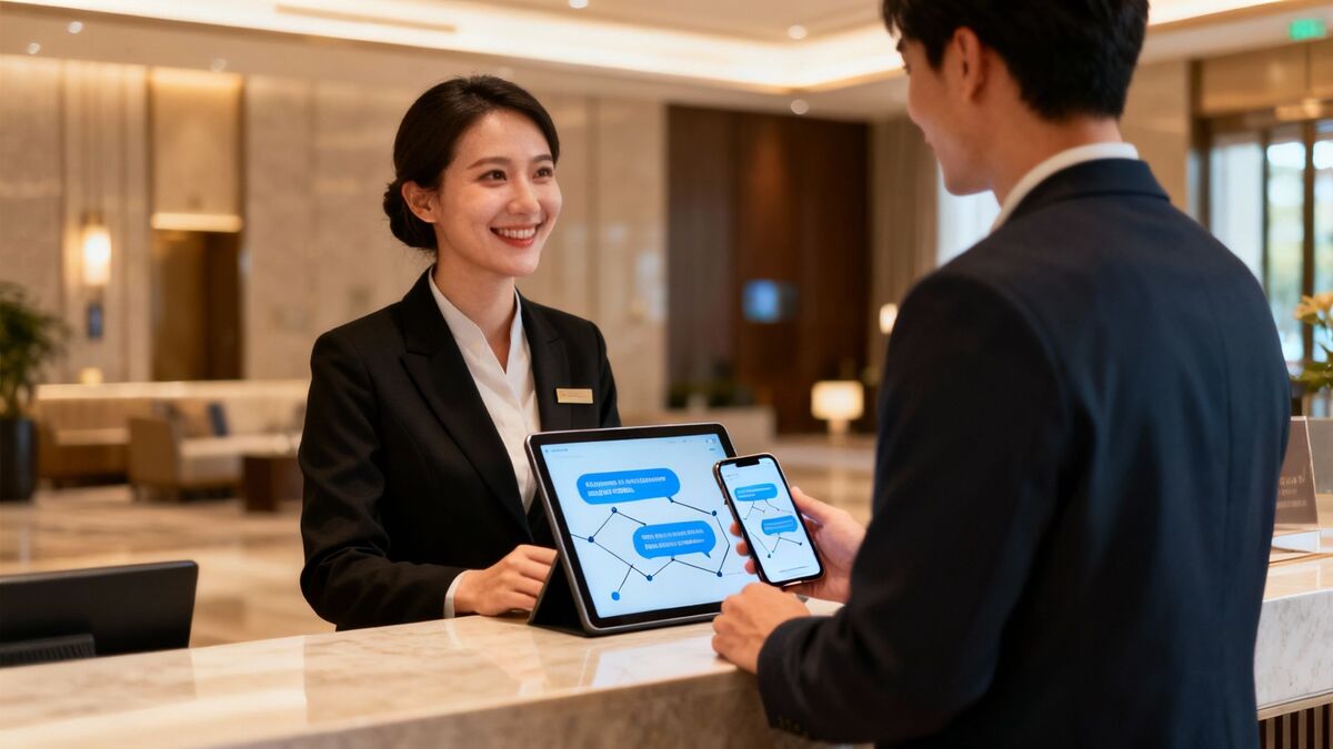 A hotel concierge warmly assisting a guest at the front desk, symbolizing a positive omnichannel customer experience.
