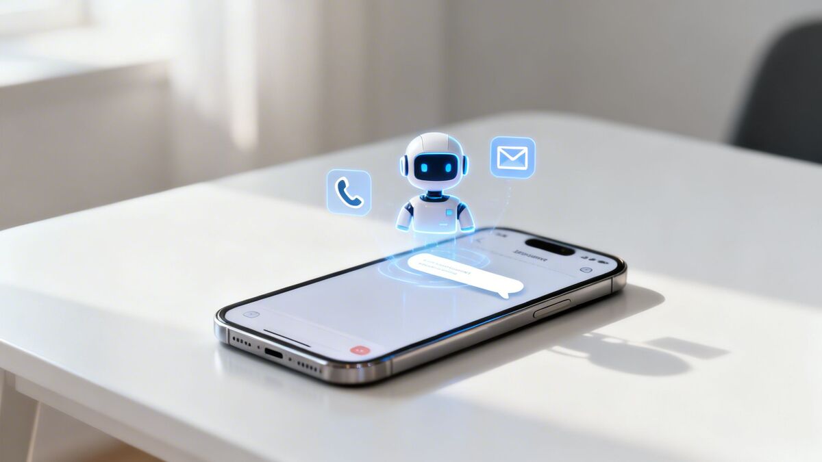 A smartphone displaying a chat interface with a holographic AI chatbot and communication icons on a white table.