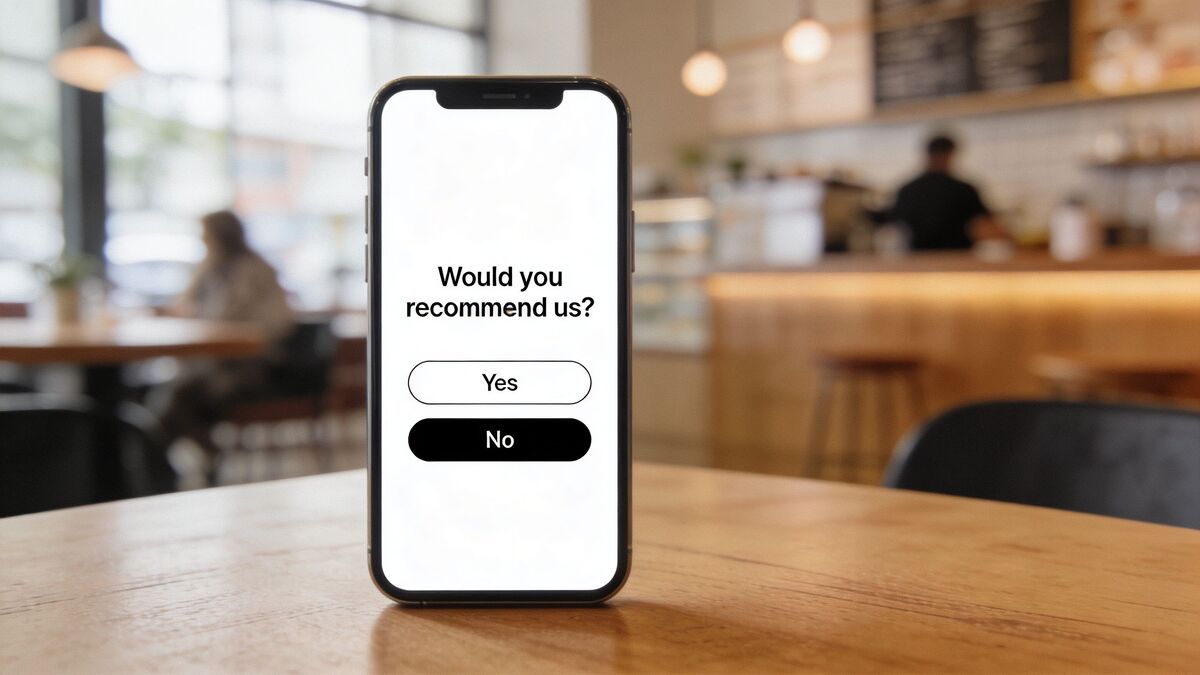 A smartphone on a wooden table displaying a customer survey screen with Yes and No response buttons.