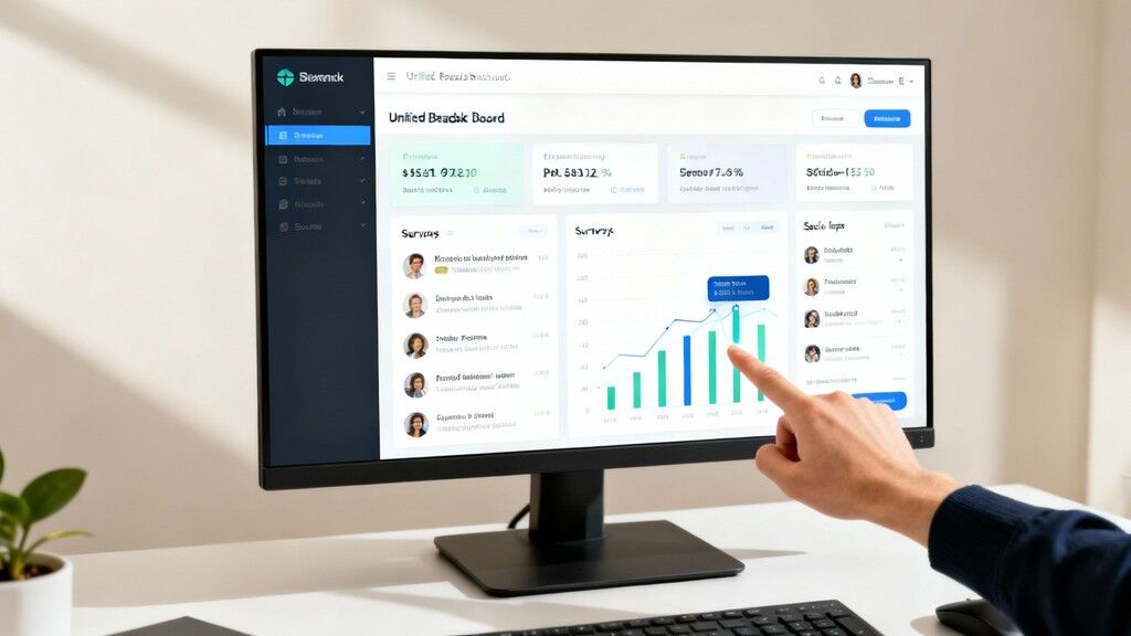 A unified dashboard interface showing customer feedback data from various sources like surveys, social media, and review sites, highlighting FeedbackRobot's Radar feature.