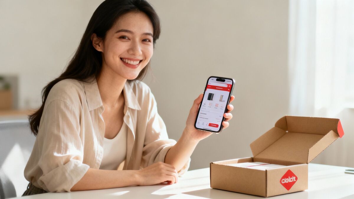A person smiling while shopping online on their laptop, representing a positive ecommerce customer experience.