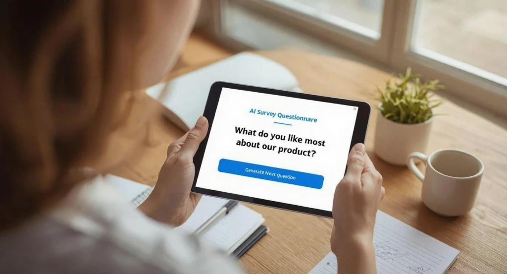 Person using tablet to view AI survey questionnaire with feedback question displayed