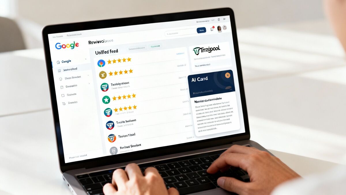 Person typing on a laptop displaying a white label review management software with Google integration.
