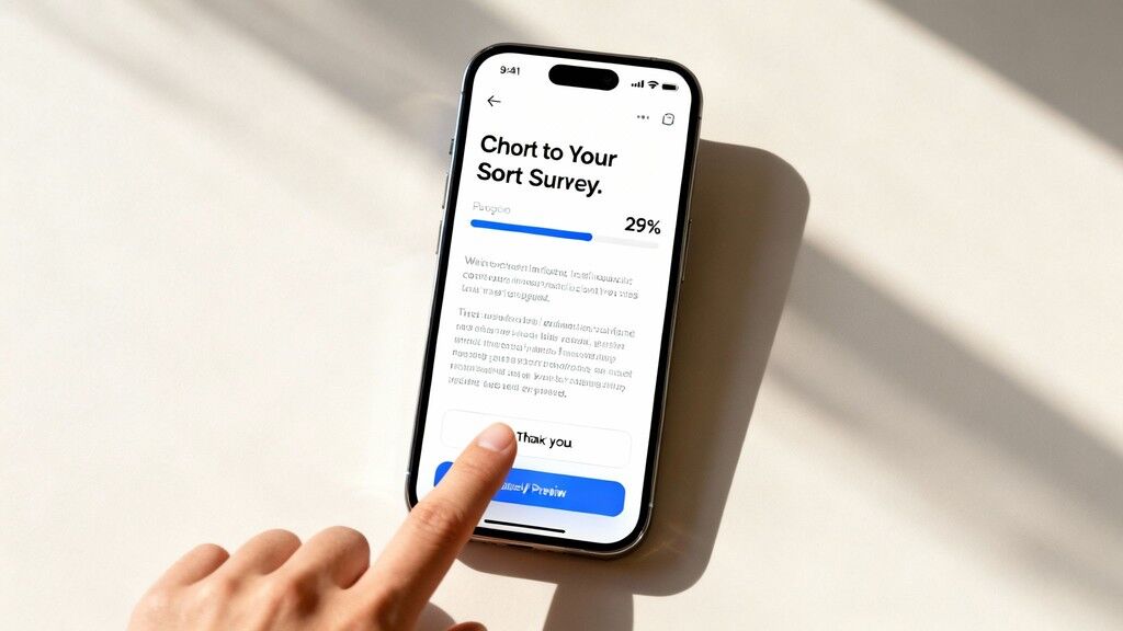 A customer happily filling out a survey on a tablet in a bright, modern hotel lobby.