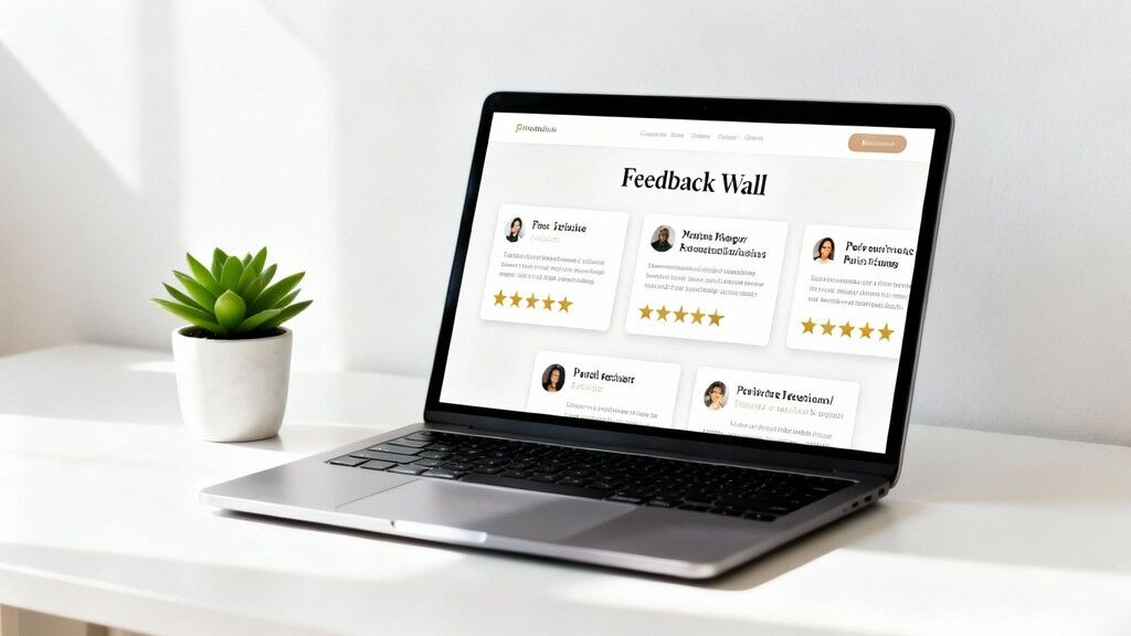A laptop on a white desk displays a 'Feedback Wall' webpage with customer reviews.
