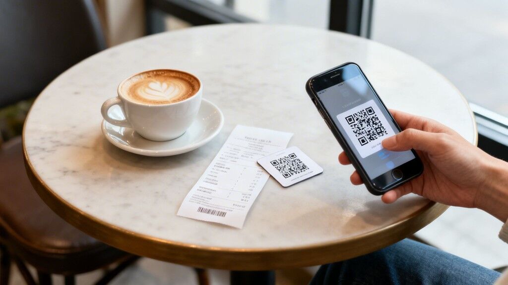 A person holds a smartphone scanning a QR code on a cafe table next to coffee and a receipt.