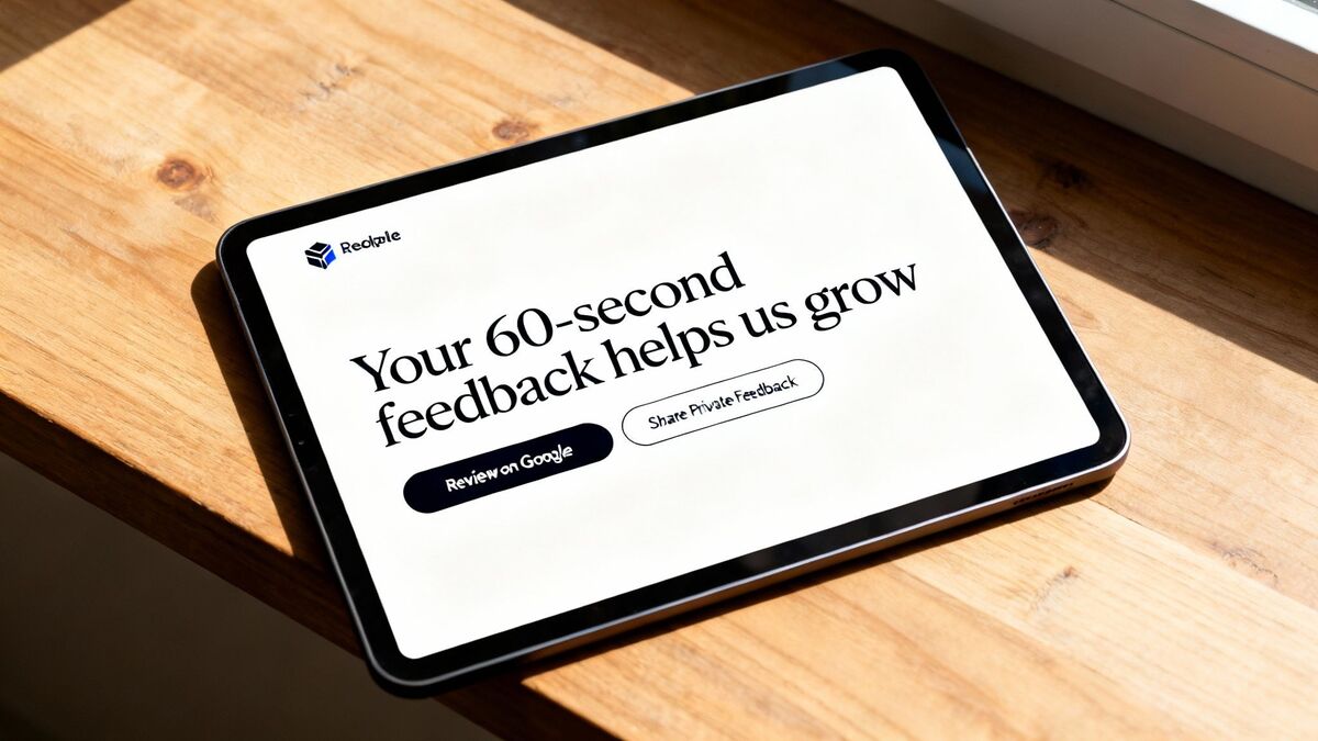 A tablet on a wooden table displaying a feedback page for Redzale, encouraging reviews.