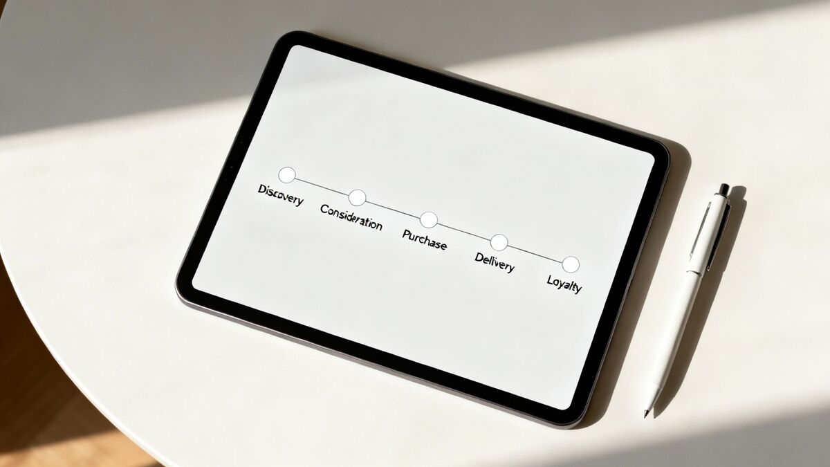A visual map showing the five stages of the ecommerce customer journey from discovery to loyalty.