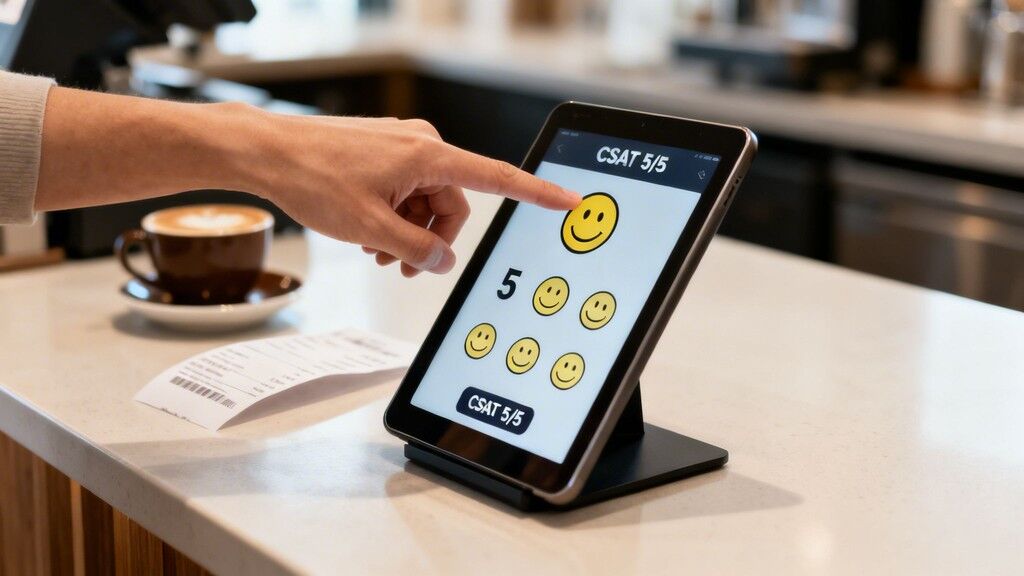 Hand tapping a tablet to give a 5/5 CSAT rating at a coffee shop counter.