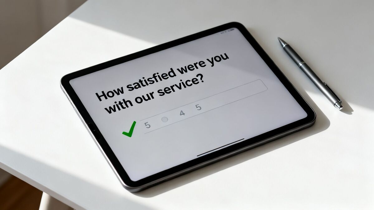 Tablet displaying a customer satisfaction survey with a perfect 5-star rating and a pen.