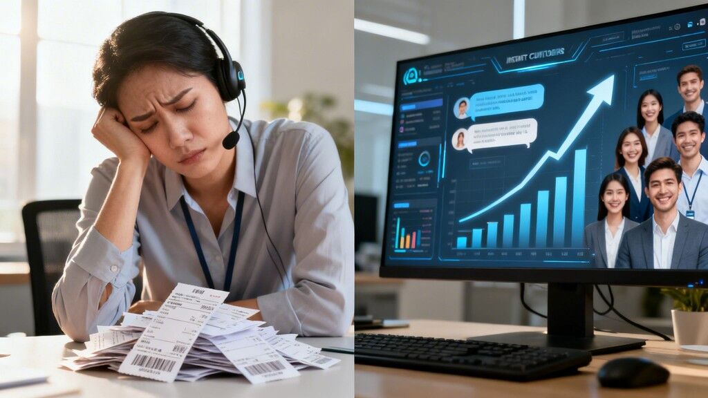A stressed call center agent with paper receipts contrasts with a screen showing AI customer service growth.