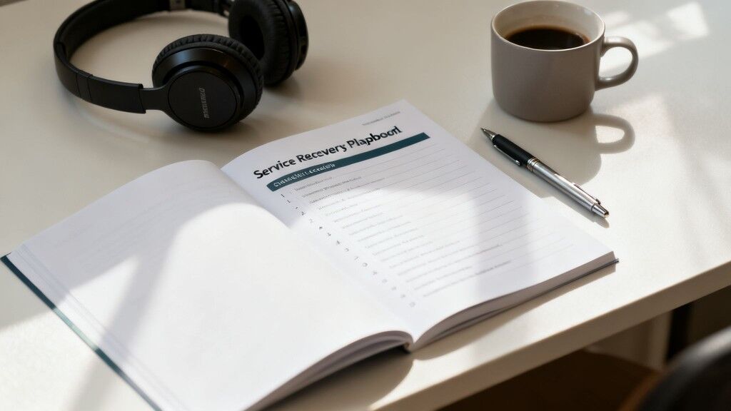 A well-lit desk featuring a 'Service Recovery Playbook,' headphones, a pen, and a coffee mug.