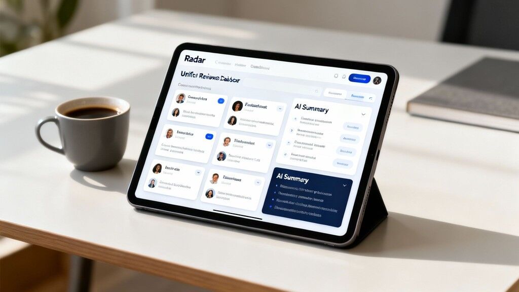 A digital dashboard showing unified feedback from multiple sources, with AI-generated summaries and sentiment analysis charts.
