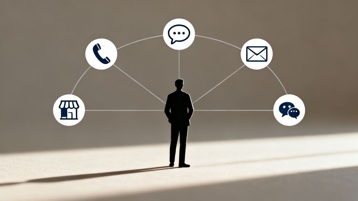 Business professional connected to multiple communication channels including phone, email, messaging, and storefront icons