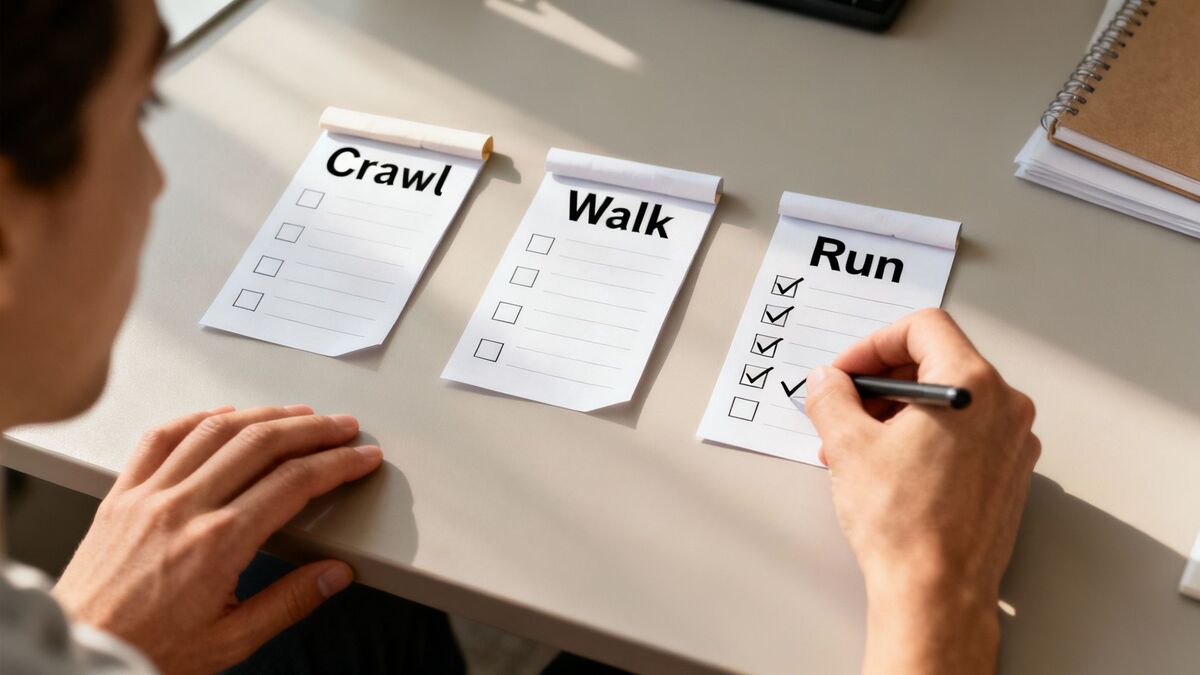 Person checking off tasks on run checklist while crawl and walk lists remain empty