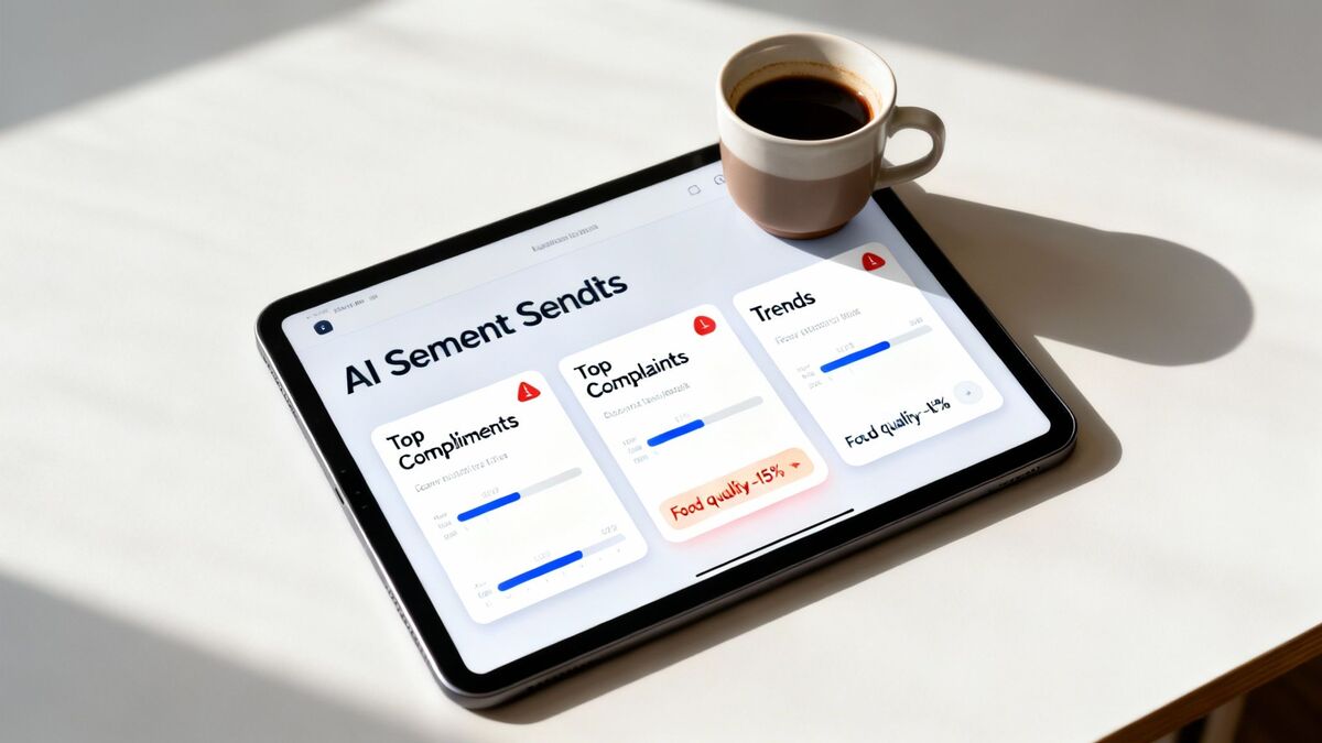 A close-up shot of a hospitality owner analyzing customer satisfaction data on a tablet.