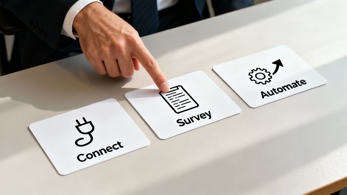 A businessman points to a 'Survey' card, with 'Connect' and 'Automate' cards nearby, depicting business process steps.