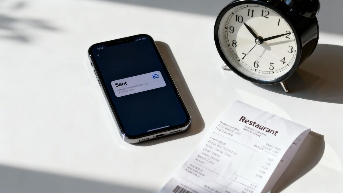A smartphone displaying a 'Sent' notification, an alarm clock, and a restaurant receipt on a white table.
