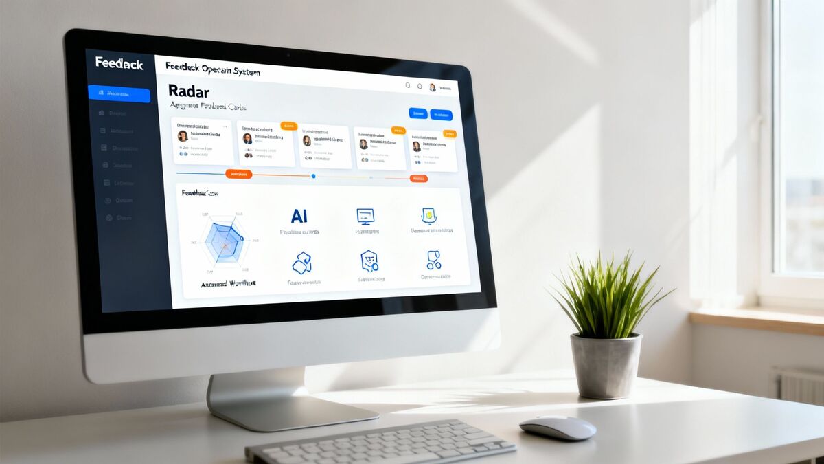 Computer monitor displaying Feedack operating system radar dashboard with feature cards and workflow visualization on desk