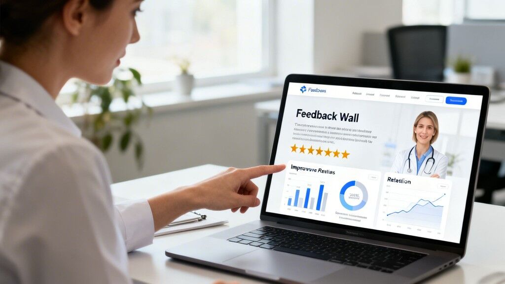 A woman in a white lab coat points at a laptop screen displaying a feedback wall dashboard with charts and ratings.